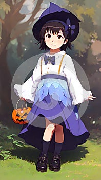 Anime cartoon girl in Halloween famcy dress with jacko´lantern basket