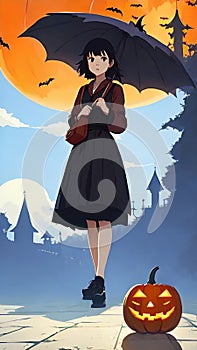 Anime cartoon style girl with umbrella in spooky Halloween environment