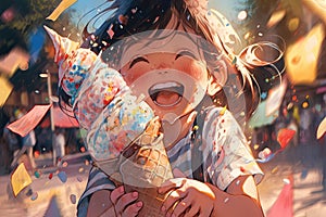 Anime Child delighted face smeared with colorful ice cream, manga illustration generative ai