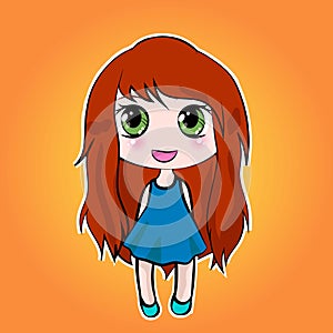 Anime cute little cartoon girl with red long hair