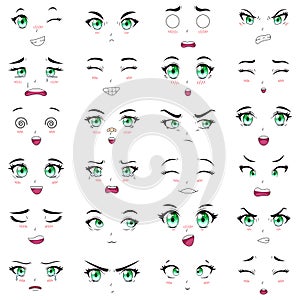 Anime female characters facial kawaii expressions. Manga woman mouth, eyes and eyebrows vector illustration set. Cartoon