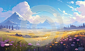 The anime field in the pastel landscape exudes a sense of tranquility and serenity