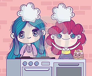 anime gils in kitchen