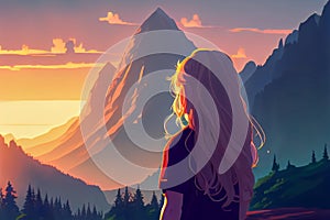 anime girl admiring the sunset over the mountains. Generative AI