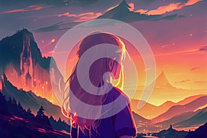 anime girl admiring the sunset over the mountains. Generative AI