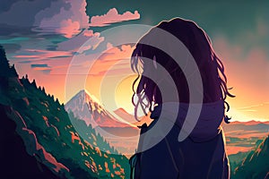 anime girl admiring the sunset over the mountains. Generative AI