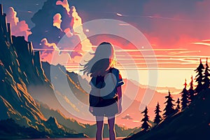 anime girl admiring the sunset over the mountains. Generative AI