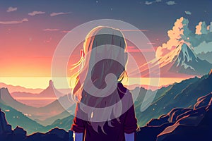 anime girl admiring the sunset over the mountains. Generative AI