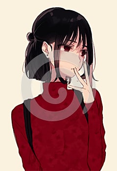 Anime girl with black hair and a red sweater
