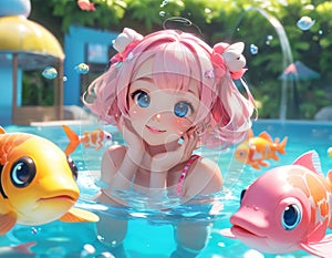 Anime Girl Enjoying Pool Time with Fish