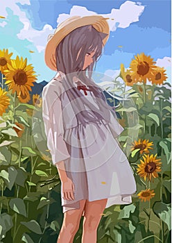 Anime girl in a field with sunflowers photo