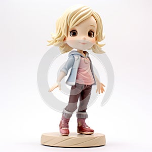 Anime Girl Figurine With Pink Shirt - Dark Sky-blue And Light Beige Style