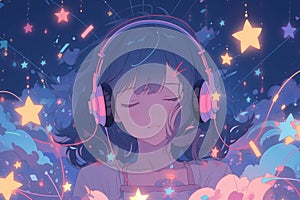 An Anime Girl Finds Tranquility Among Twinkling Stars, Coasting To Lofi Hip Hop Melodies photo