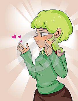 Anime girl with green hairs wears green sweater