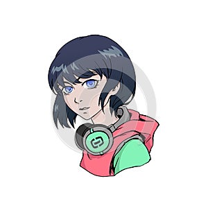 Anime girl with headphones colorful illustration