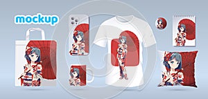 Anime girl in kimono. Prints on t-shirts, cases, souvenir