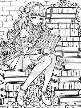 Anime girl in the library, sitting on a stack of books, coloring book style. Vector, generative ai.