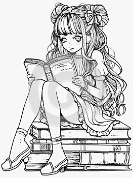 Anime girl in the library, sitting on a stack of books, coloring book style. Vector, generative ai.