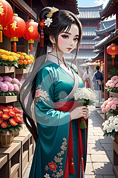 Anime girl with long tied up hair in hanfu dress, at a flower shop in ancient market, ancient building, red lampions, wallpaper