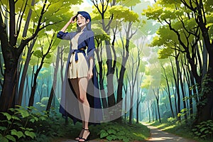 anime girl lost in the woods illustration generative ai