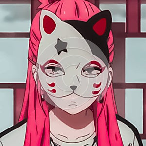 Anime girl with pink hair in a cat mask