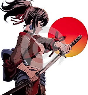 Anime girl warrior with a sword in his hands against the backdrop of the sunset