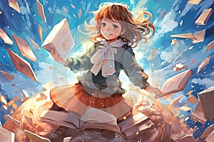 Anime Girl who discovers a magical book that gives the power of happyness, manga style illustration generative ai