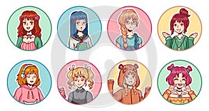 Anime girls avatars. Color portraits cute manga female teens in various clothes with different emotional expressions