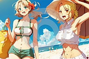 Anime girls on summer vacation, young pretty women on beach, illustration, generative AI