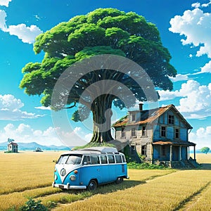 anime illustration abandoned van car with house that tree grow on it