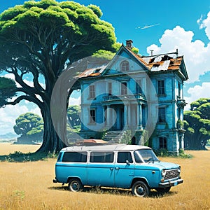 anime illustration abandoned van car with house that tree grow on it