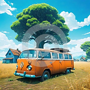 anime illustration abandoned van car with house that tree grow on it