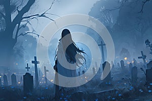 anime illustration of a gloomy figure of a woman with long black hair in a night cemetery among the graves, fog, view from the