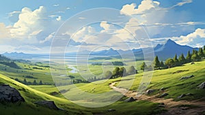 Anime-influenced Serene Pastoral Scene With Mountains And Path