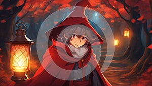 Anime inspired cartoon, anime A adventurous cartoon character in a red cloak and hat, roaming in the bewitched forest