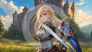 anime-inspired cartoon, anime beautiful young woman with blonde hair blue eyes leather armor sword grassy field castle