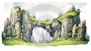 Anime-inspired Mountain Scene With Arched Doorways And Naturalistic Charm