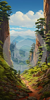 Anime-inspired Mountainscape With Peculiar Redwood - High Resolution Art