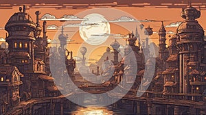 anime inspired A pixel art illustration of a steampunk cityscape at dusk with airships, gears, pipes,