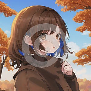 anime a littlegirl in outoum brown eyes and brown hair and tree