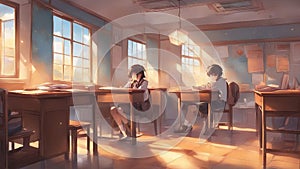 Anime is a lonely scene of a boy and a girl in a classroom, who are both isolated and misunderstood