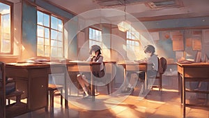 Anime is a lonely scene of a boy and a girl in a classroom, who are both isolated and misunderstood photo