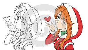 Anime manga girl blows a kiss. Christmas Santa Claus costume