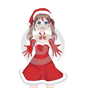 Anime manga girl dressed in Santa Claus costume