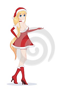 Anime manga girl dressed in Santa Claus costume