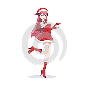 Anime manga girl dressed in Santa Claus costume