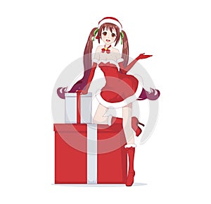 Anime manga girl dressed in Santa Claus costume