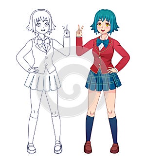 Anime manga girl. Japanese comics cute school girls in uniform for coloring book page. Cartoon character full body