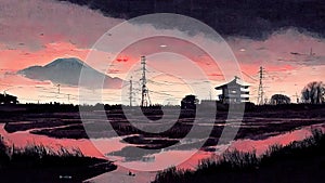 Anime, manga landscape at dusk. 4K moody, lofi, abstract background. Sad beautiful artwork with pink clouds and fields.