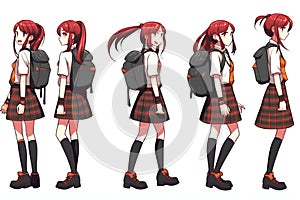 Anime manga schoolgirl in a red tartan skirt, stockings and schoolbag. Cartoon character in the Japanese style. Set of